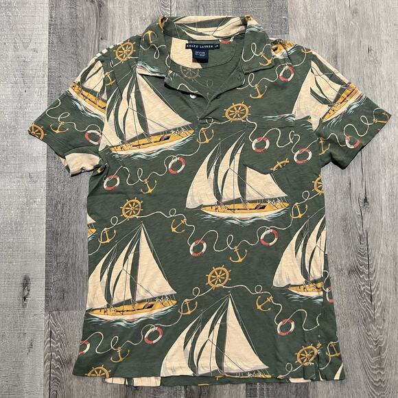 VTG Ralph Lauren Sailboat Polo Shirt Green Gauze Jersey Sailing Y2K Mac Miller L - Picture 1 of 4